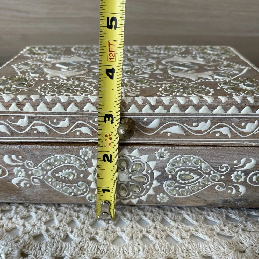 Handcrafted Indian Mango Wood Keepsake Box Ornate Painted Storage Chest Boho
